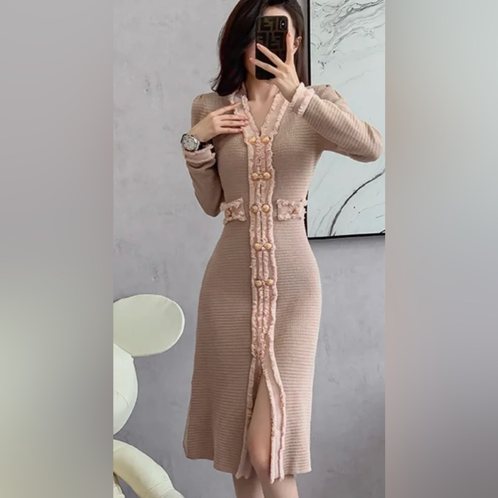 Korean Pink&Brown Knit Patchwork Button Maxi Dress - image 1